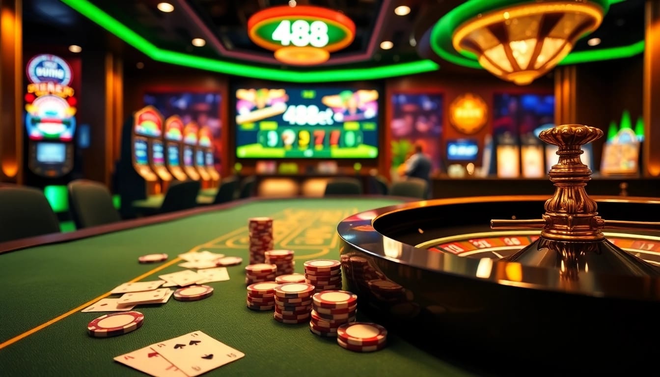 Jugadores disfrutando del casino en línea 488bet con póker y ruleta, destacando emoción y lujo.