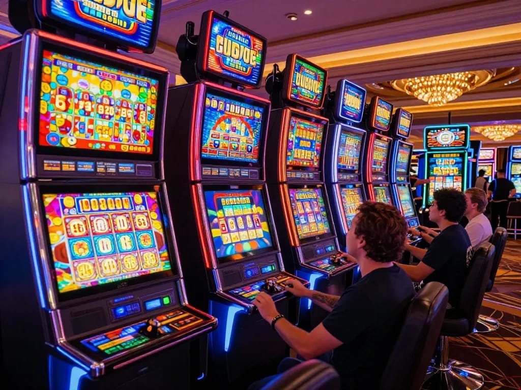 Excited players engaging with slot77 machines at a vibrant Las Vegas casino, capturing thrilling moments