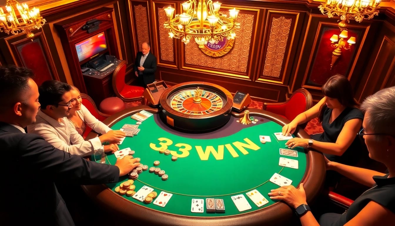 Experience the thrill of 33WIN in a glamorous casino with vibrant tables and exciting gameplay.