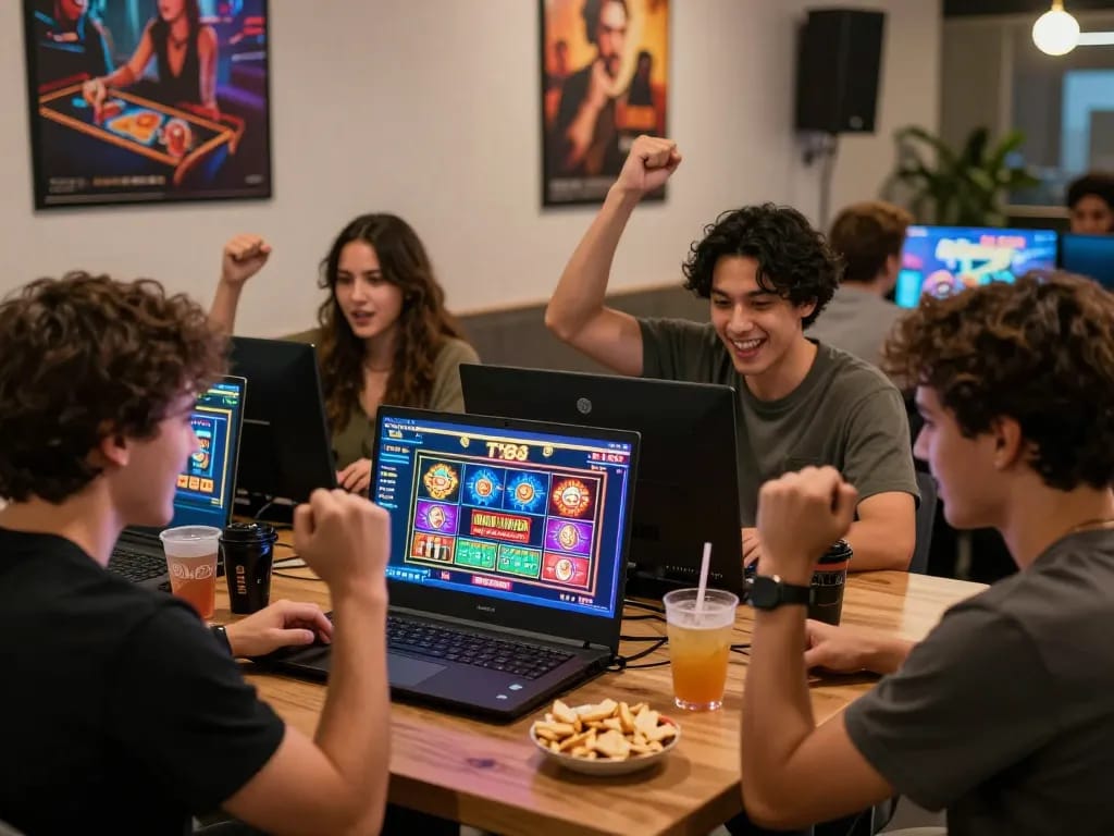 Friends enjoying TV88 nhà cái gaming experience with colorful screens.
