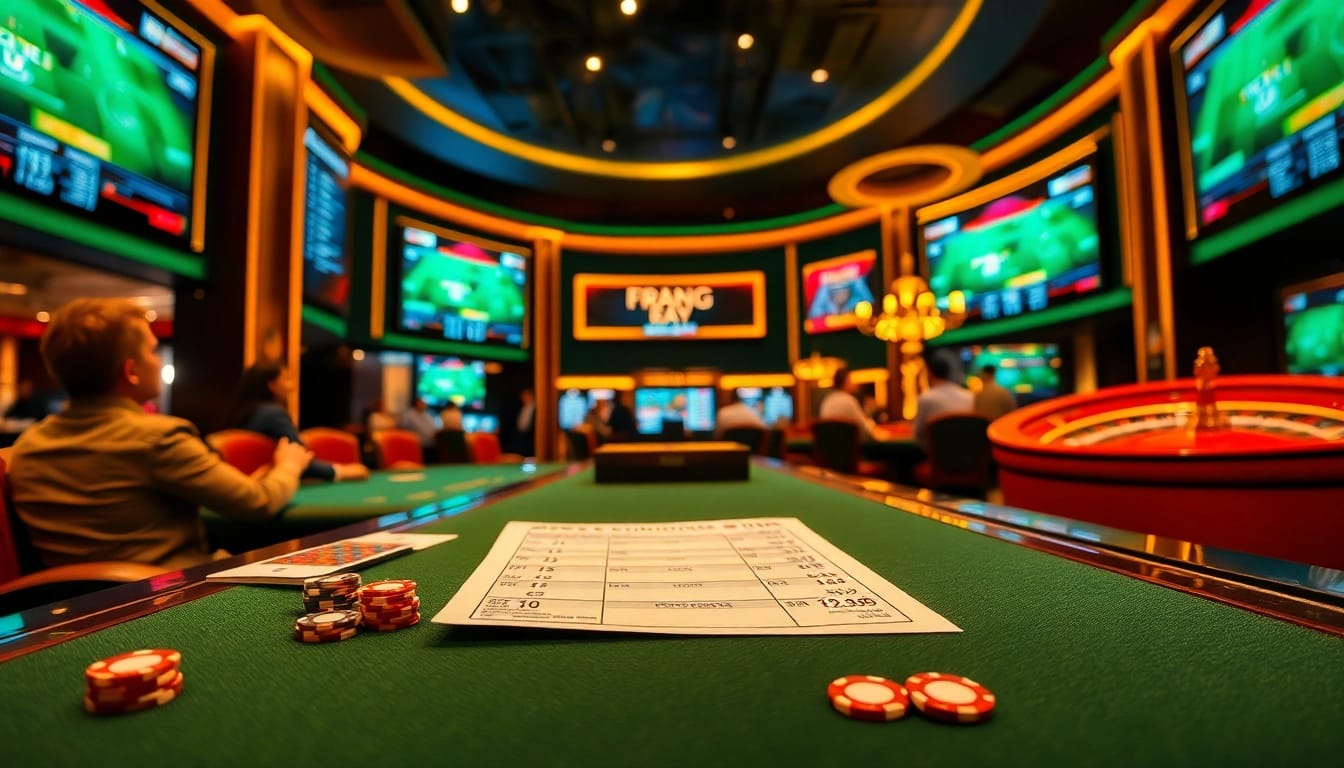 Gamblers engaging in Kèo Bóng Đá betting at a luxurious casino table with cards and chips.