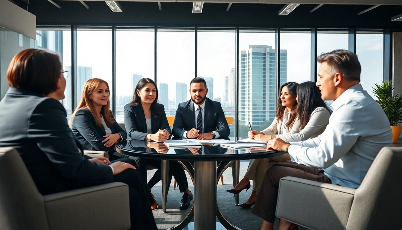 Engaging legal consultation at https://www.tnlmiami.com featuring diverse attorneys in a bright Miami office.