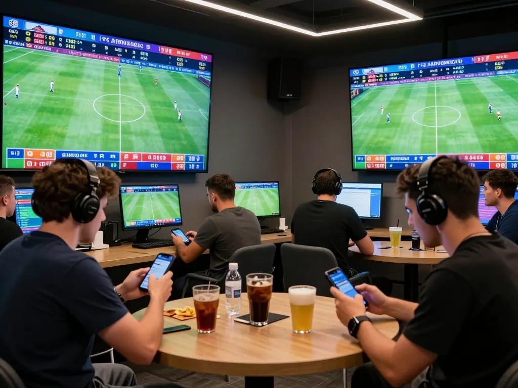 Sports betting enthusiasts using nowgoal for real-time football scores in a vibrant lounge.