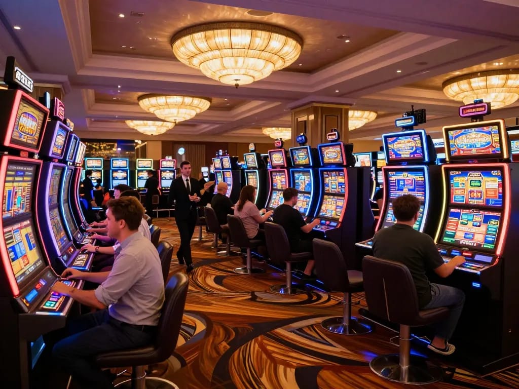 Players enjoying thrilling slot machines at Hi 88 casino, showcasing vibrant games and a lively atmosphere