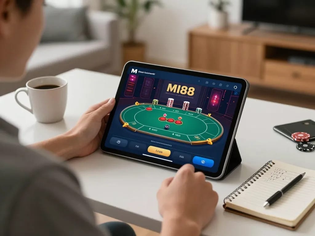 Engaging with the MI88 app for online betting while practicing responsible gambling at home.