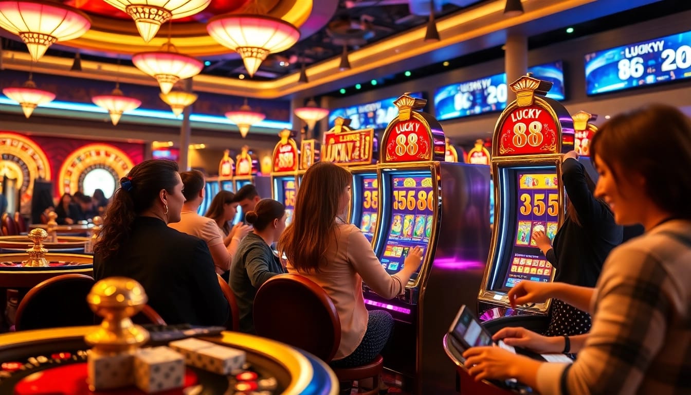 Players enjoying the thrilling Lucky88 slot experience in a vibrant casino setting.