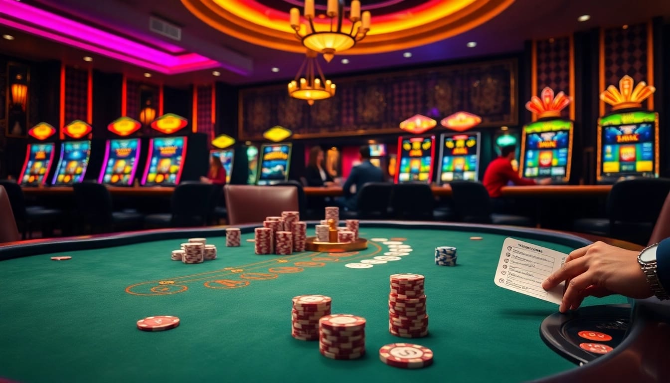 Experience thrilling gaming at https://km88online.net/ with a vibrant casino scene highlighting a poker table.