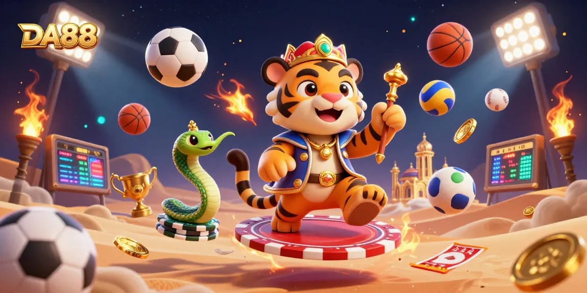 Experience DA88's thrilling atmosphere with gamblers celebrating wins amidst dynamic sports elements and golden treasures.