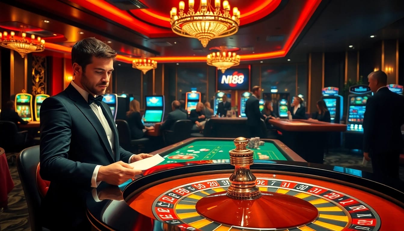 Experience the thrill of N188 in a luxurious casino with vibrant tables and excited players.