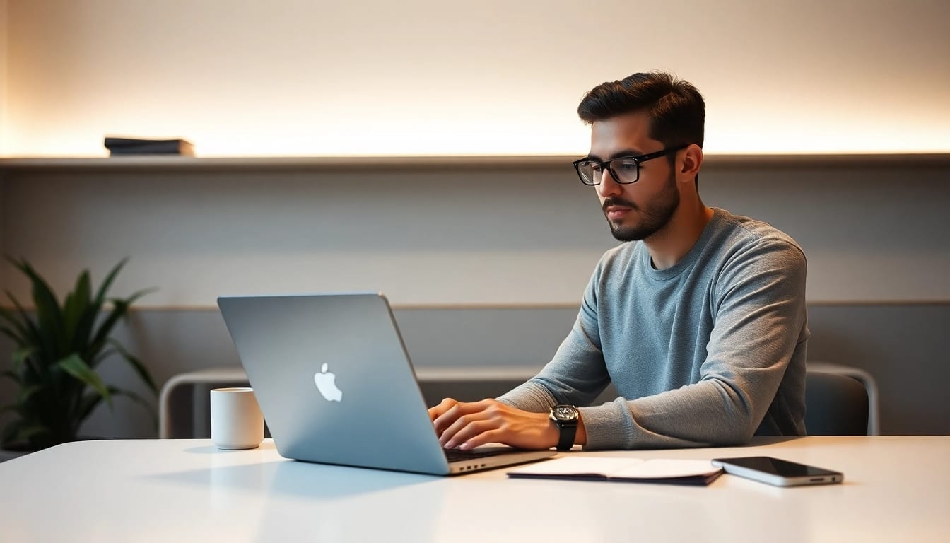 Desenvolvimento de Sites: designer concentrado criando um site em um ambiente moderno e iluminado.