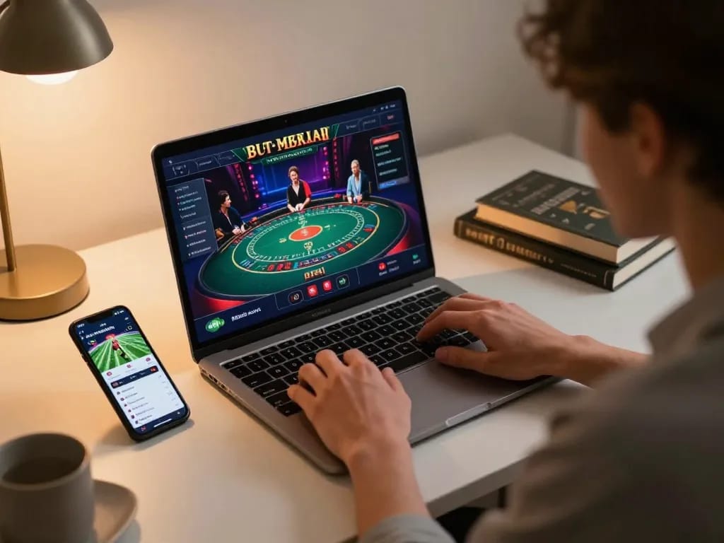 Experience online gaming with 78win com as person engages with live dealer and sports betting apps.