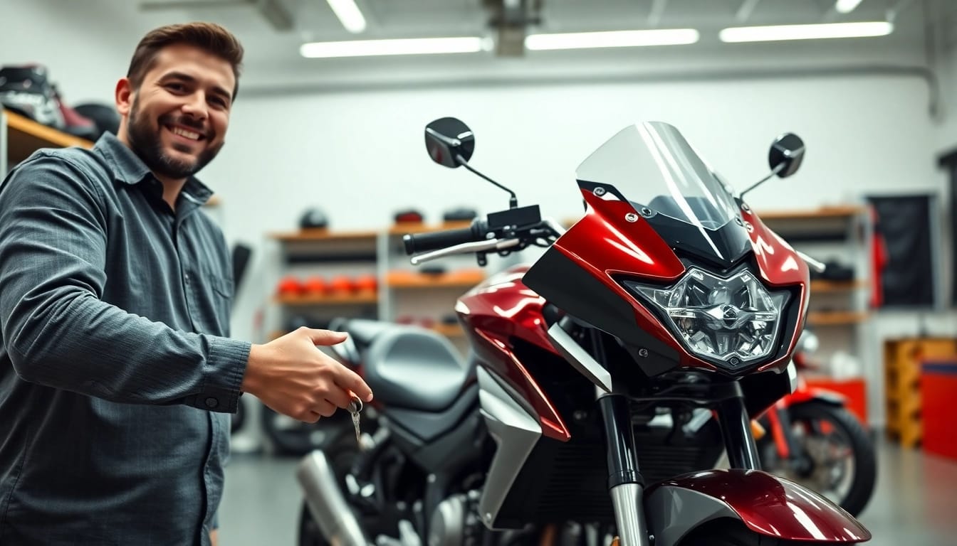 Motorrad Verkaufen Ankauf: Ein Verkäufer übergibt den Schlüssel an einen zufriedenen Käufer.