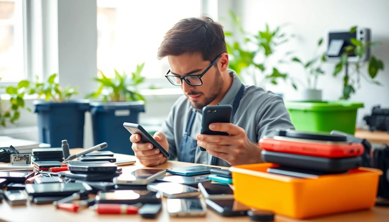 Sell your old devices with a technician analyzing smartphones in a modern eco-friendly workspace.