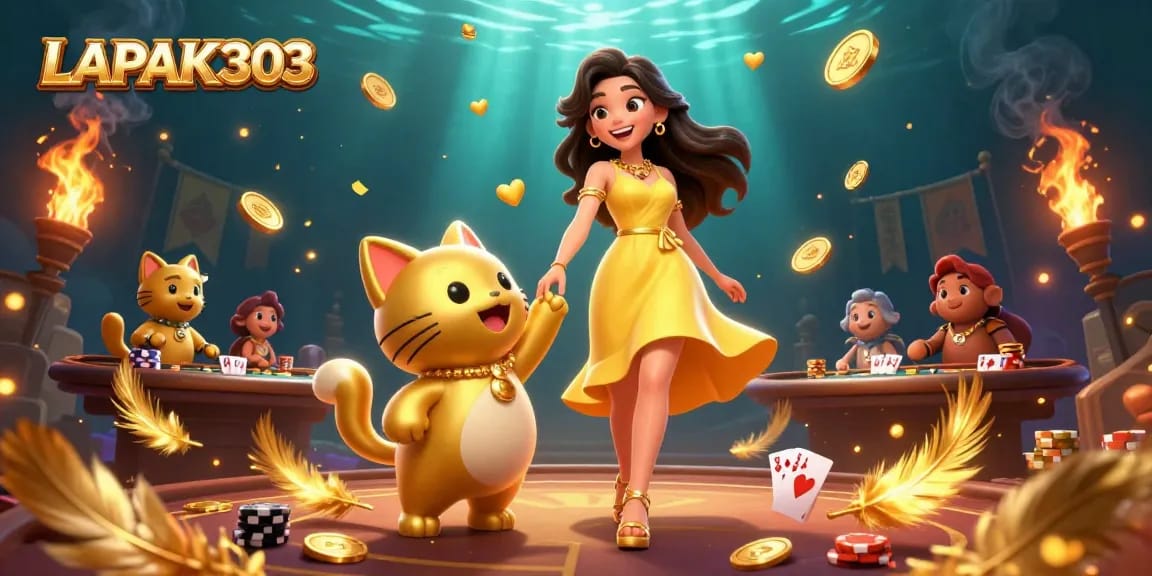 LAPAK303 brings luck with a stunning woman and a golden cat at a vibrant poker table.