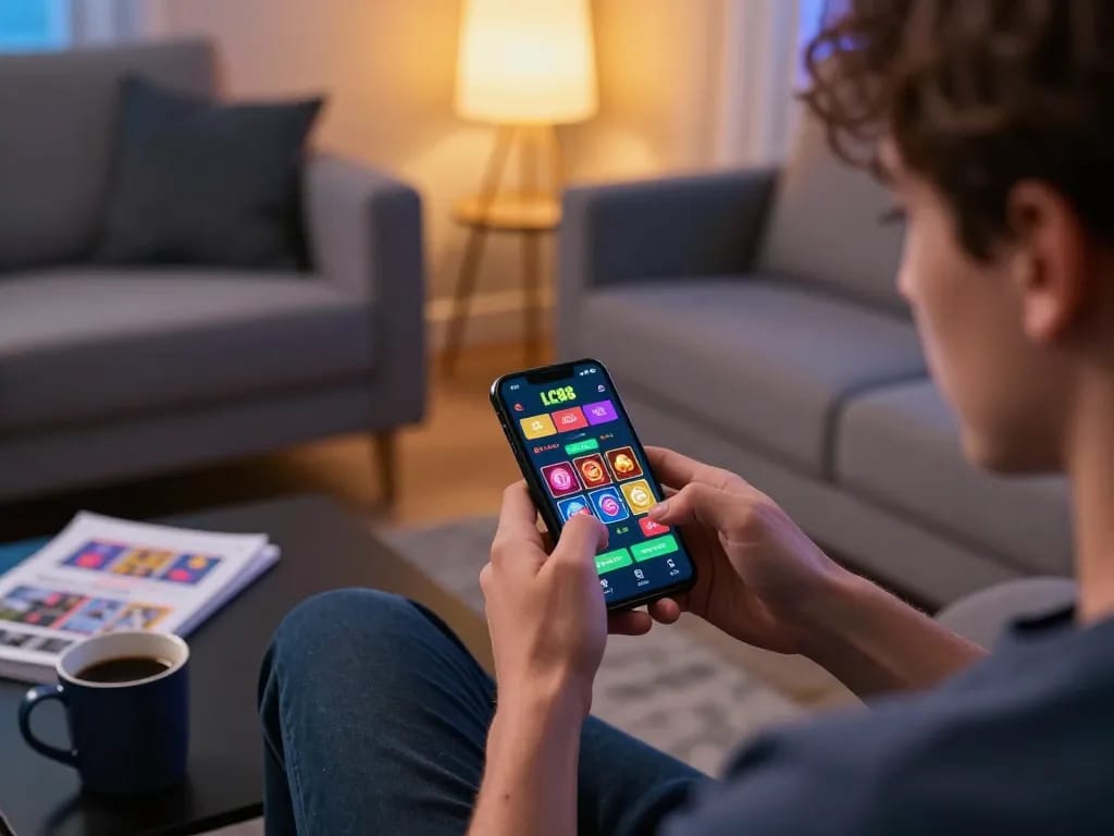 Player enjoying LC88 mobile app on smartphone for strategic betting in modern home setting
