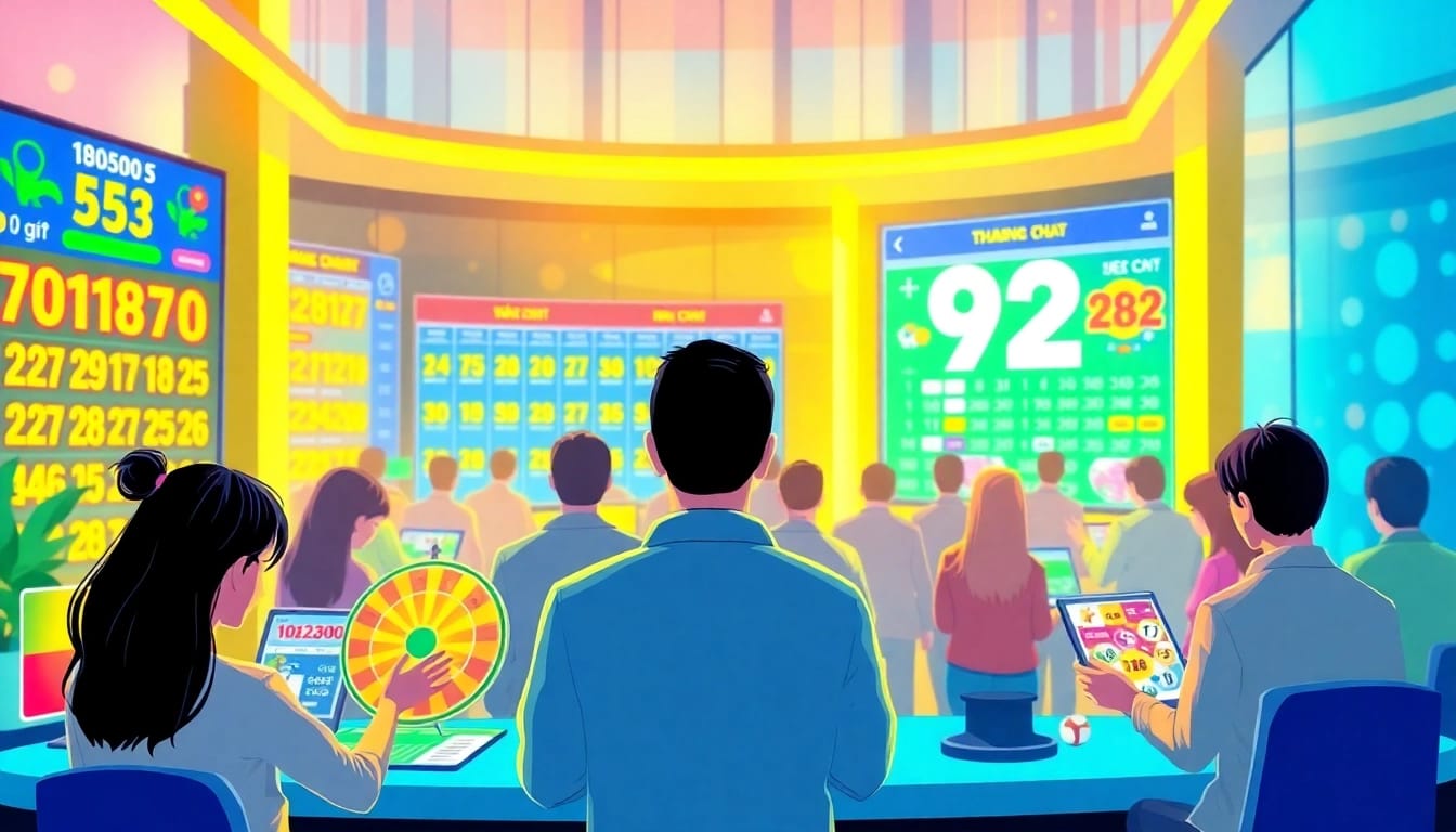 Engaging digital scene of players exploring Trang chủ 92lottery, full of vibrant lottery elements.