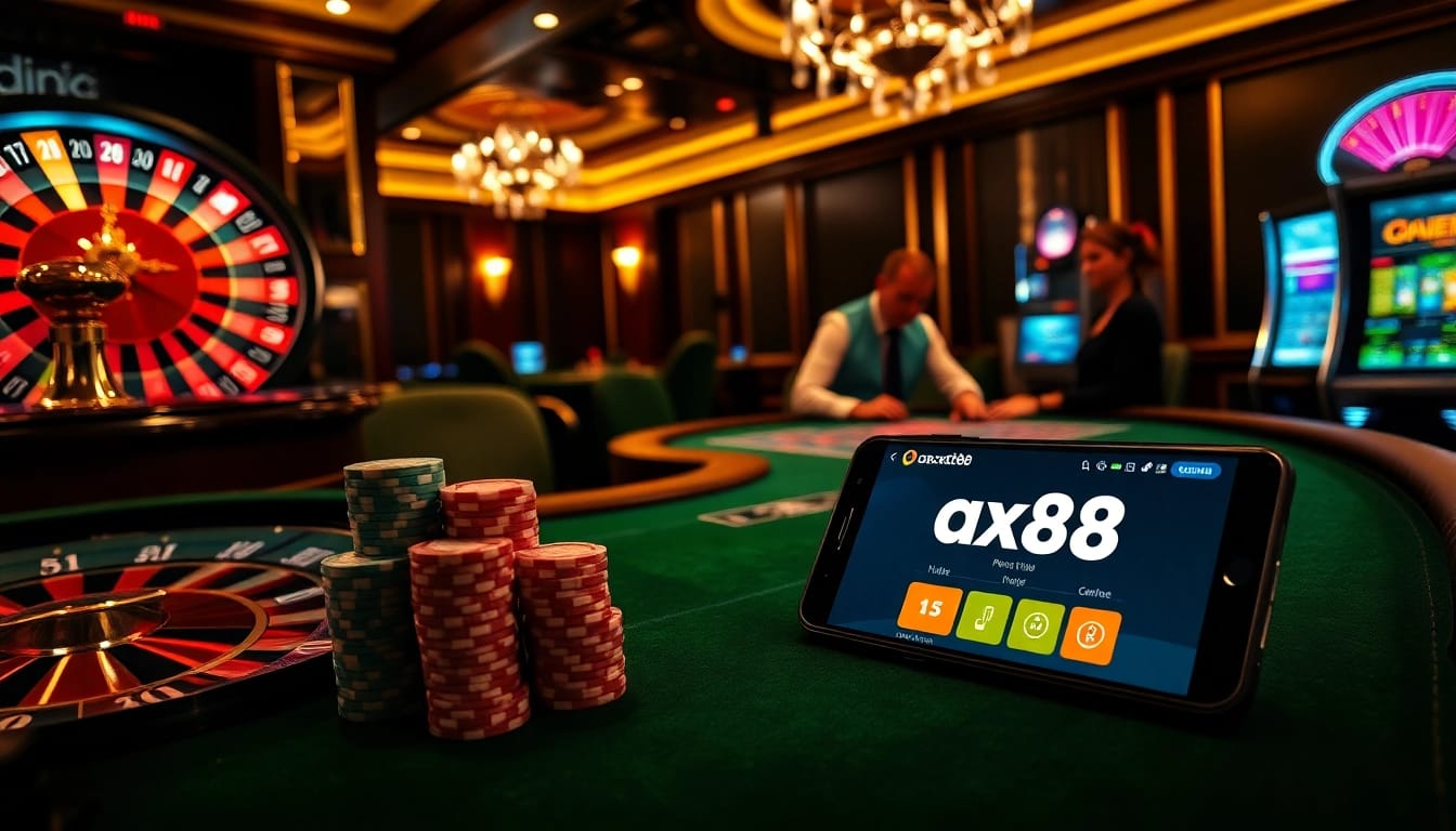 Engage with gaming excitement at AX88's casino features, including roulette, poker, and slot machines.