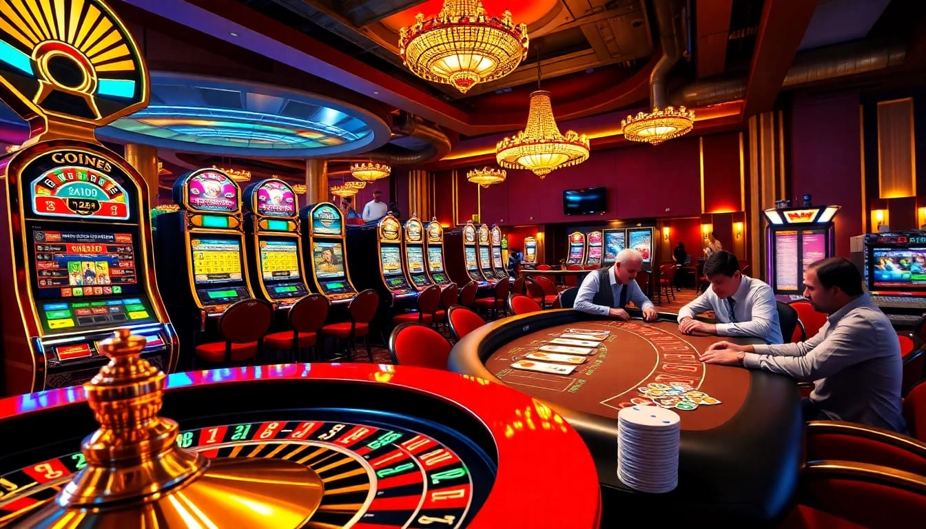 Engaging gamblers at a table surrounded by colorful slot machines linked to https://ga888v.net/ in a luxurious casino environment.