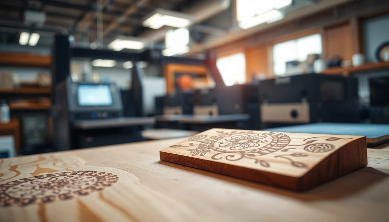 Engaging laser engraving designs showcased on wood featuring detailed patterns and textures.