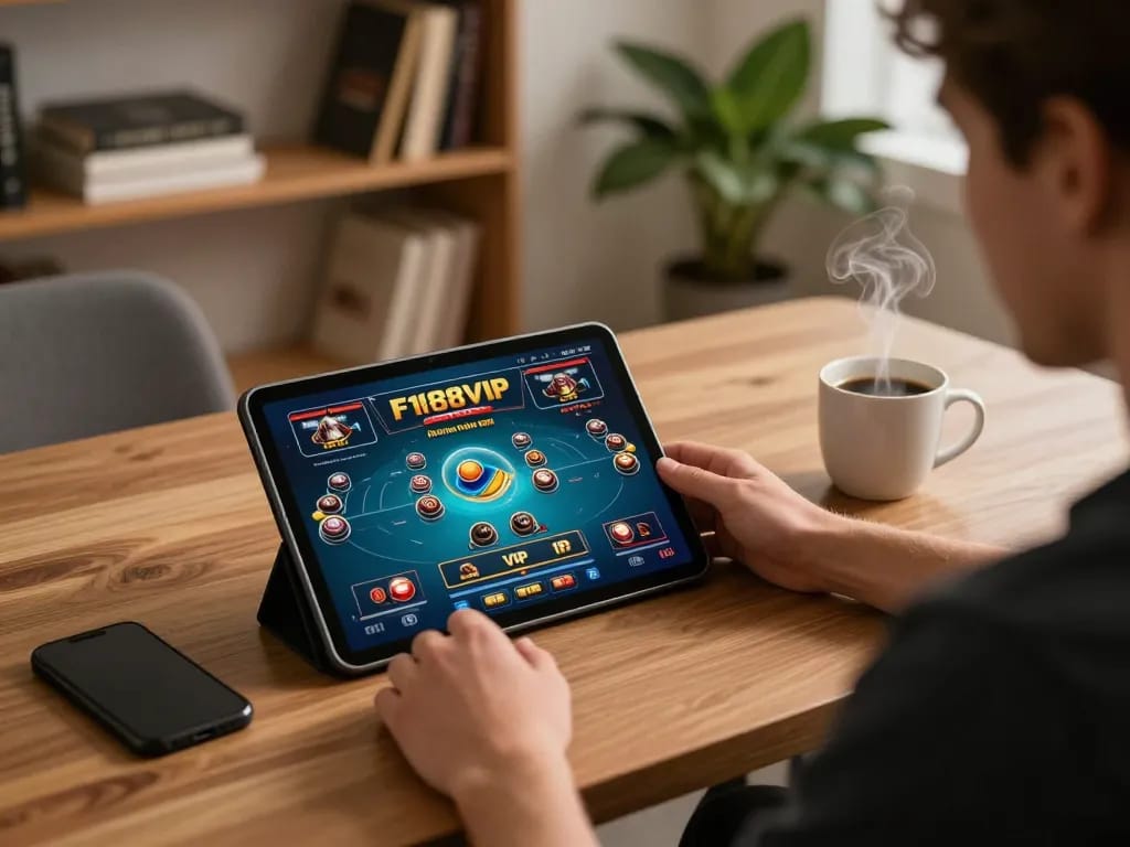 Player engaged in F168VIP online casino gaming on a tablet in a cozy home setting.