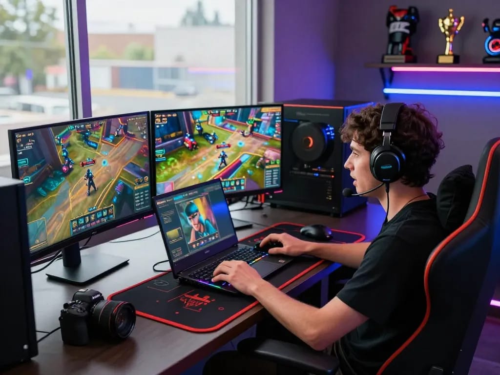 Immersive gaming experience with user engaging in đăng ký nk88, multiple vibrant screens showcasing popular games in a modern setup.