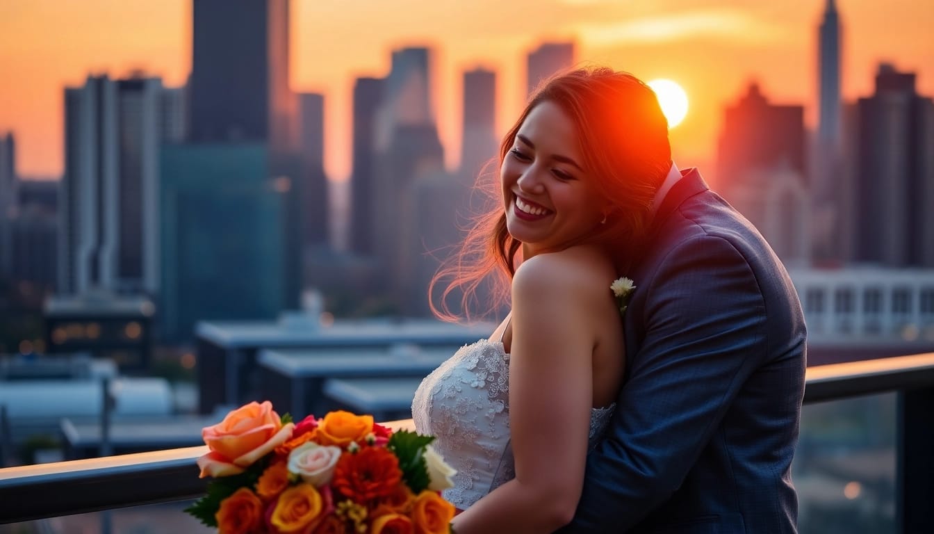 Chicago wedding photographer capturing a couple's sunset embrace against the city's skyline.