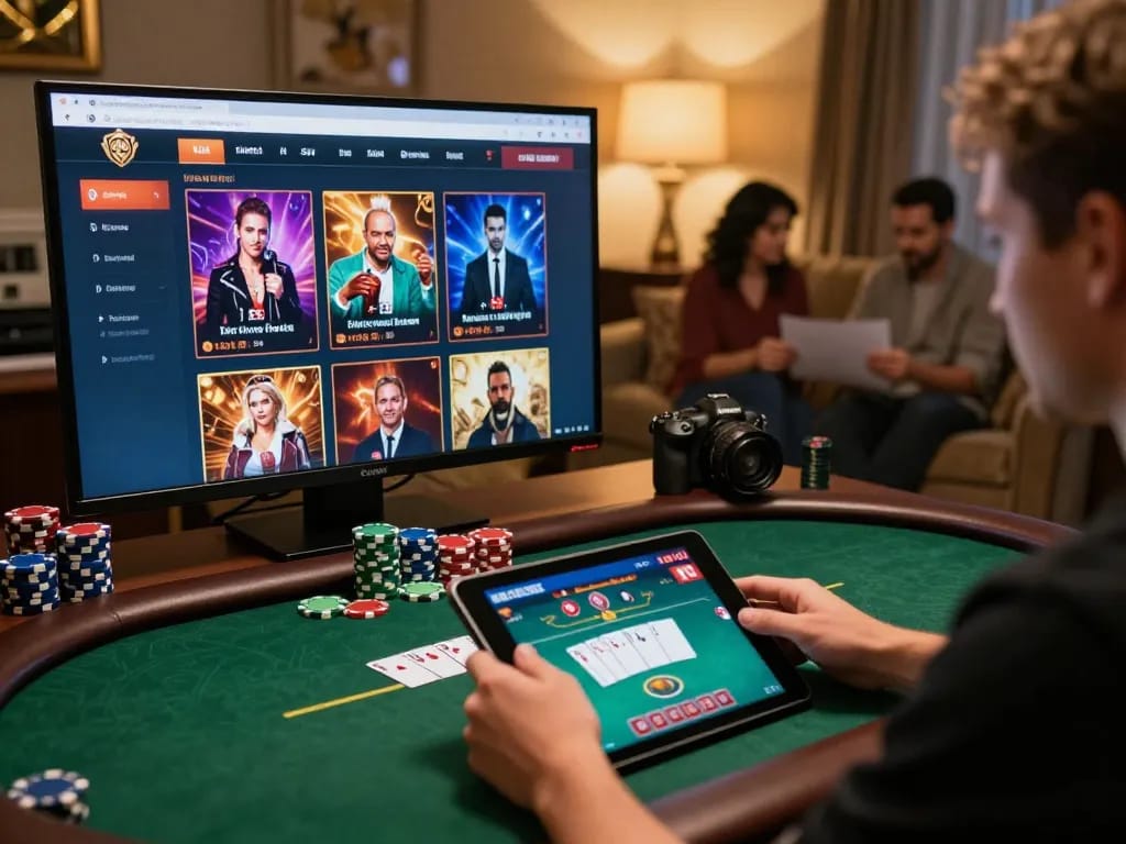 Players engaging with king33 live dealer games on tablets, showcasing a vibrant online casino atmosphere.