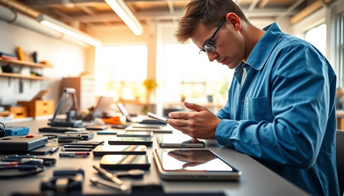 Sell your old devices in a bustling tech workspace, showcasing a technician assessing smartphones.