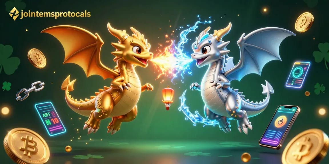 Permainan menarik di jointemsprotocols menampilkan dua naga 3D terbang dengan efek yin-yang.