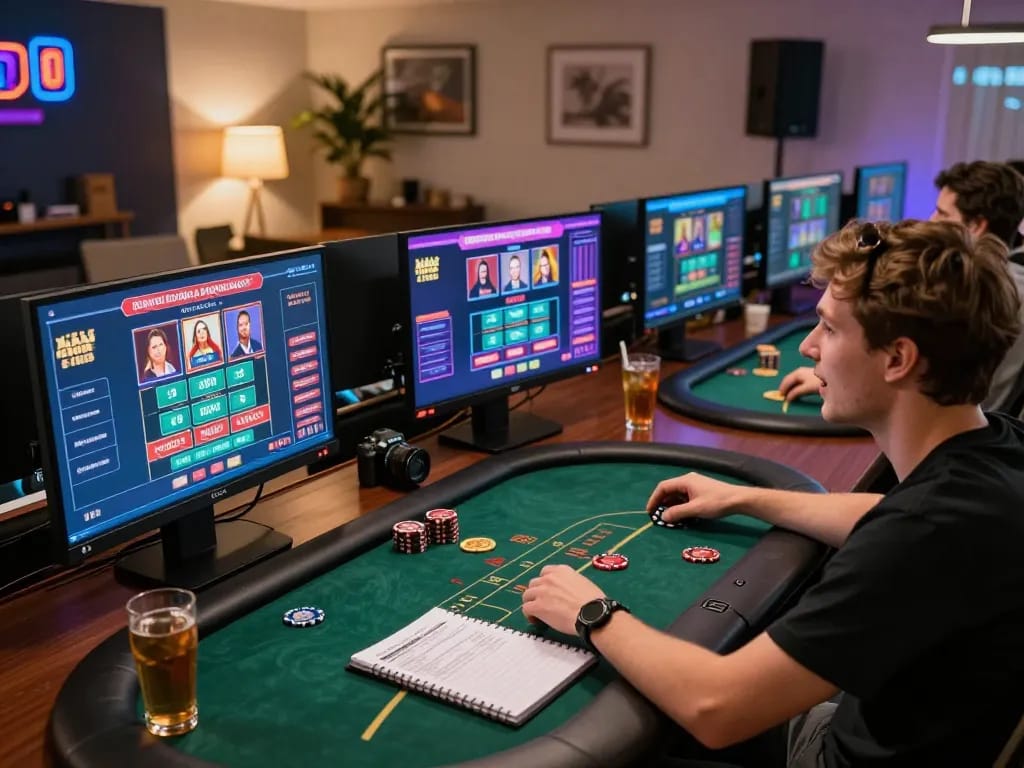 Engaged player enjoying online gaming at nhà cái mm88 with multiple screens showing casino games, emphasizing strategic gameplay.