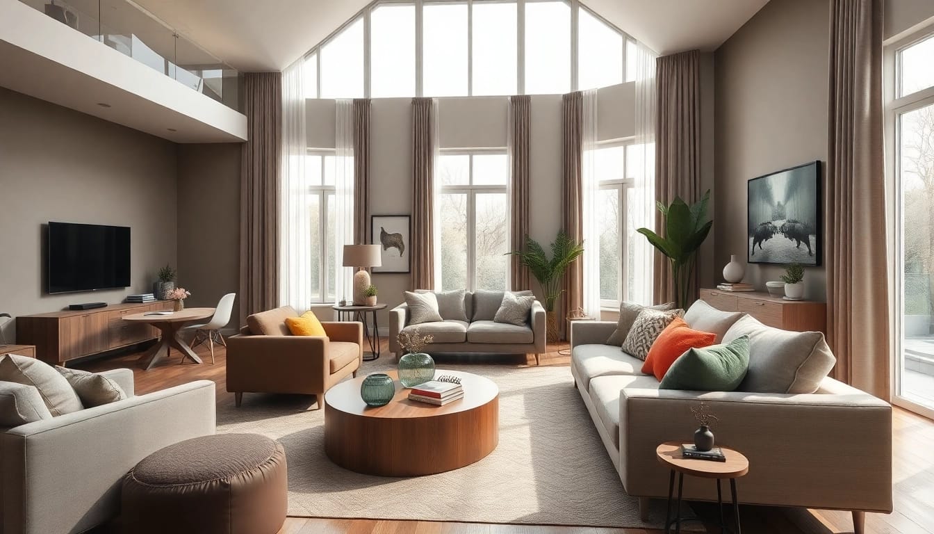 Menggambarkan desain interior elegan www.oscarliving.co.id di ruang tamu modern yang nyaman dan menyenangkan.