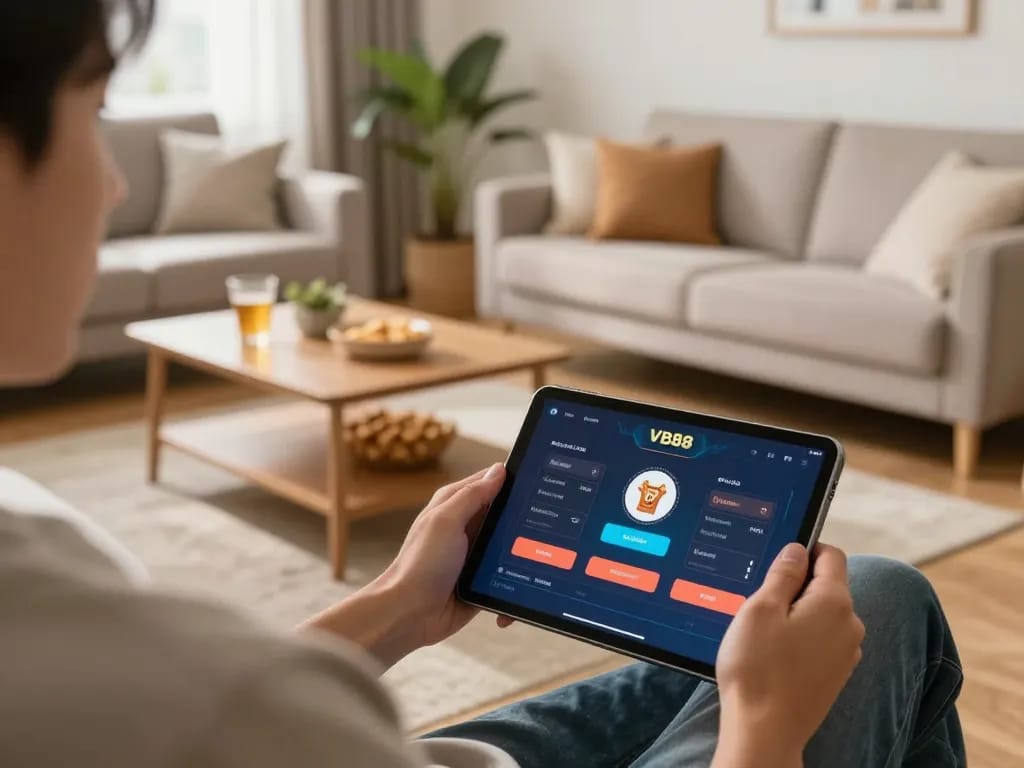 TẢI VB88 on a tablet during a cozy home gaming session, showcasing an engaging online gambling setup