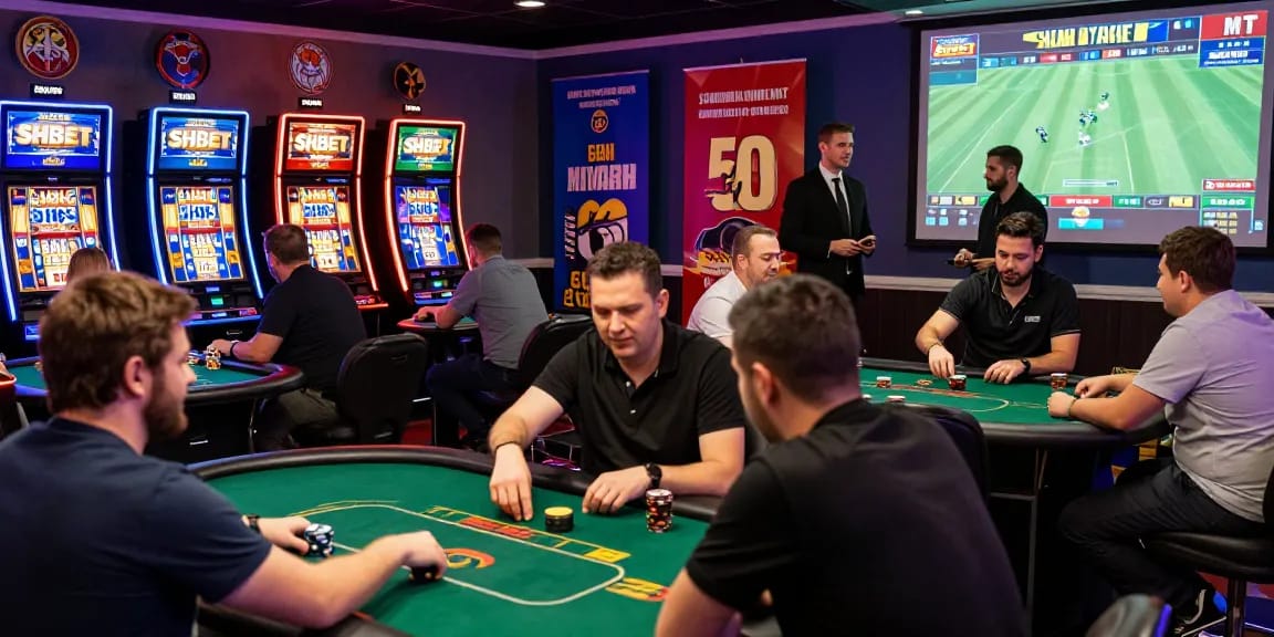 Engaging gambling experience at SHBET with players enjoying casino games, sports betting, and vibrant slot machines.