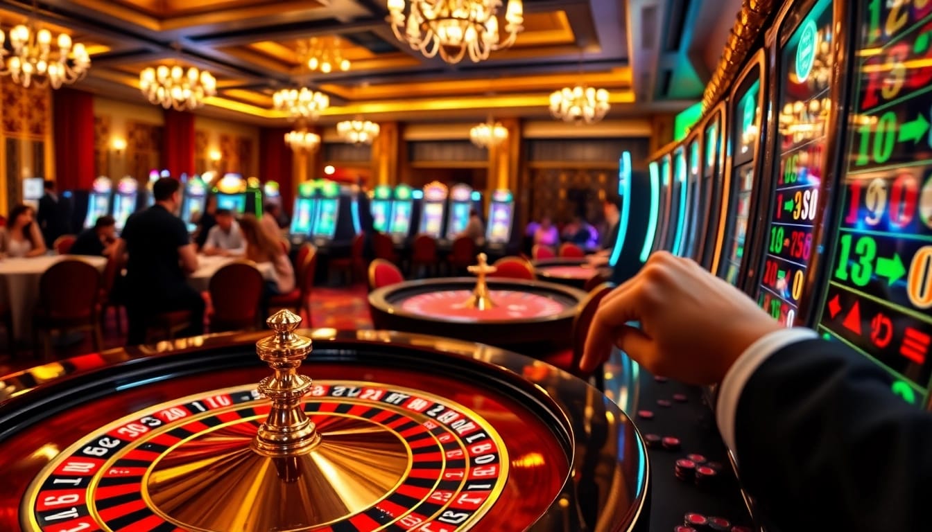 Experience the thrill of Slot Terpercaya with players enjoying vibrant slots and poker at a luxurious casino.