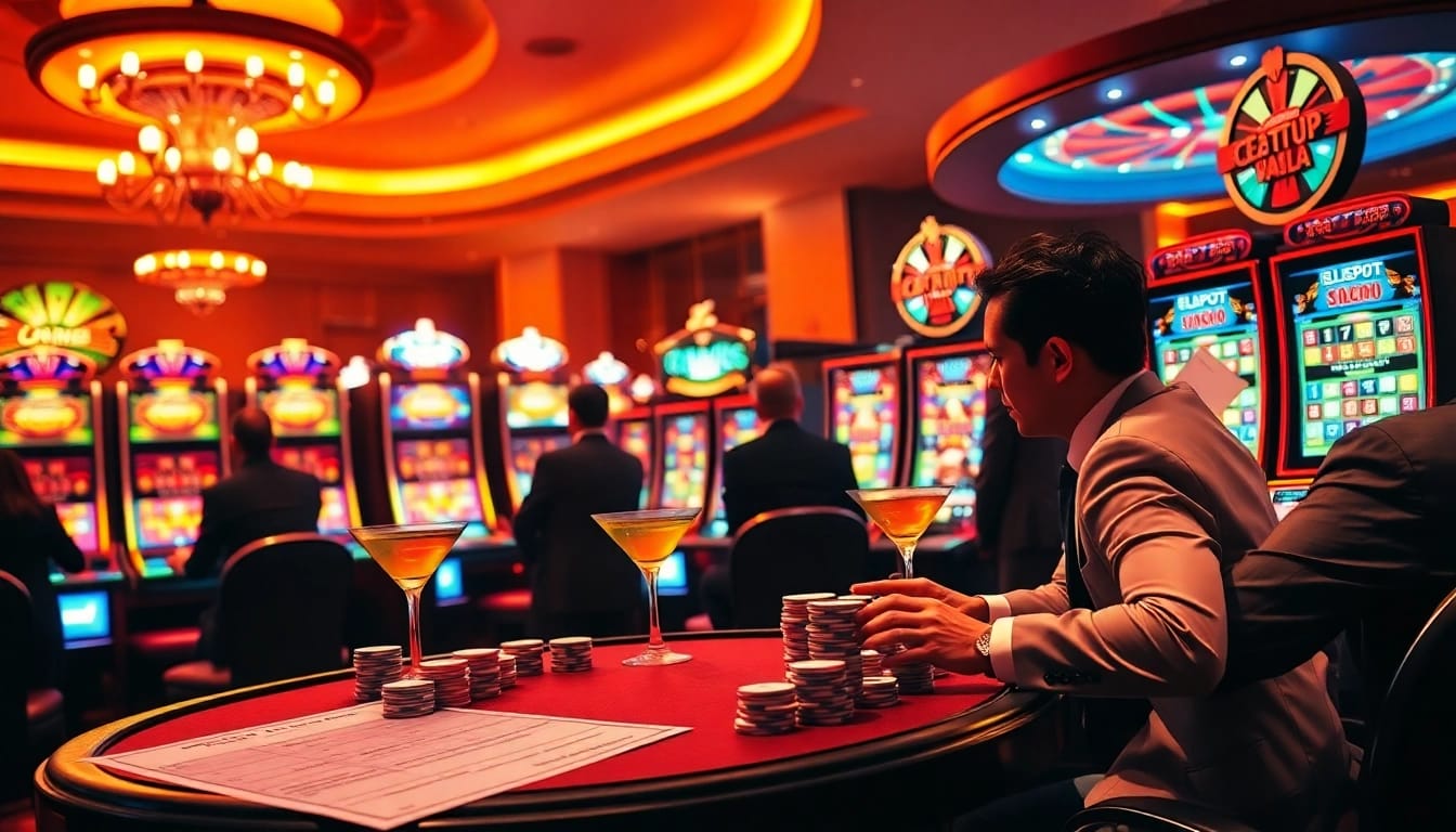 Adegan permainan slot pulsa yang seru di kasino mewah.