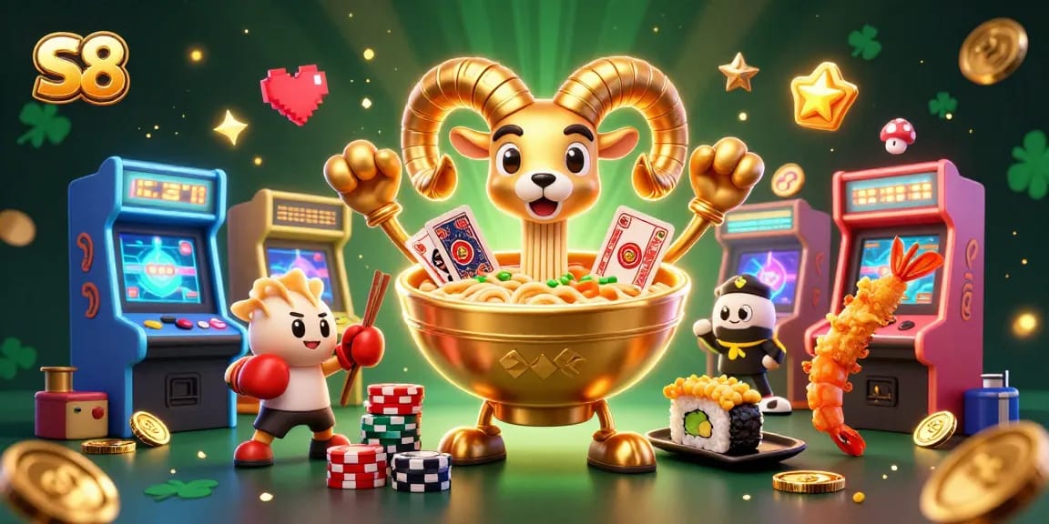 S8 team of cartoon characters stacking chips and dealing cards at a vibrant casino game table.