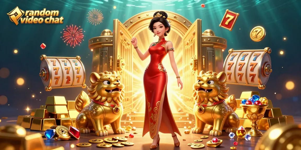 Engage in random video chat with exciting slot game elements, featuring glamorous characters and vibrant visuals.