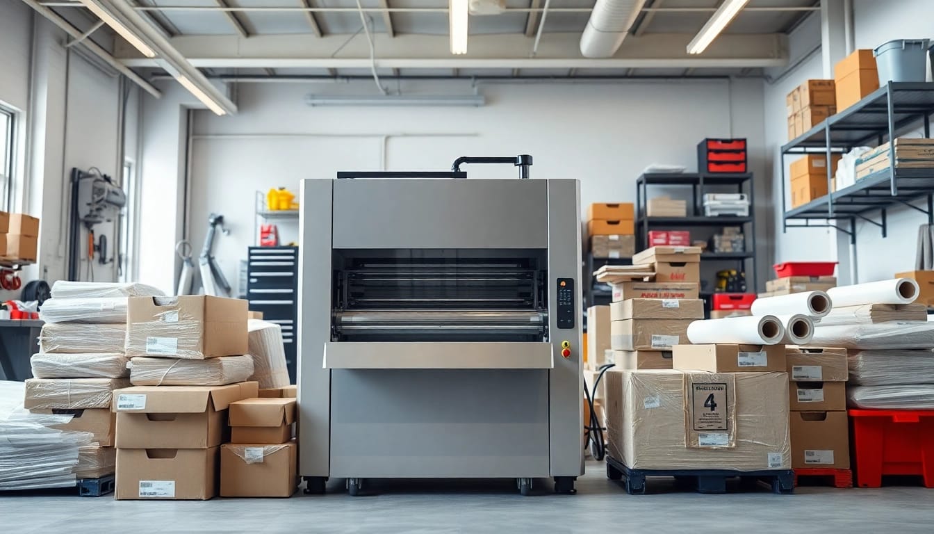 Efficient operation of a shrink wrap machine packaging items in a modern industrial setting.