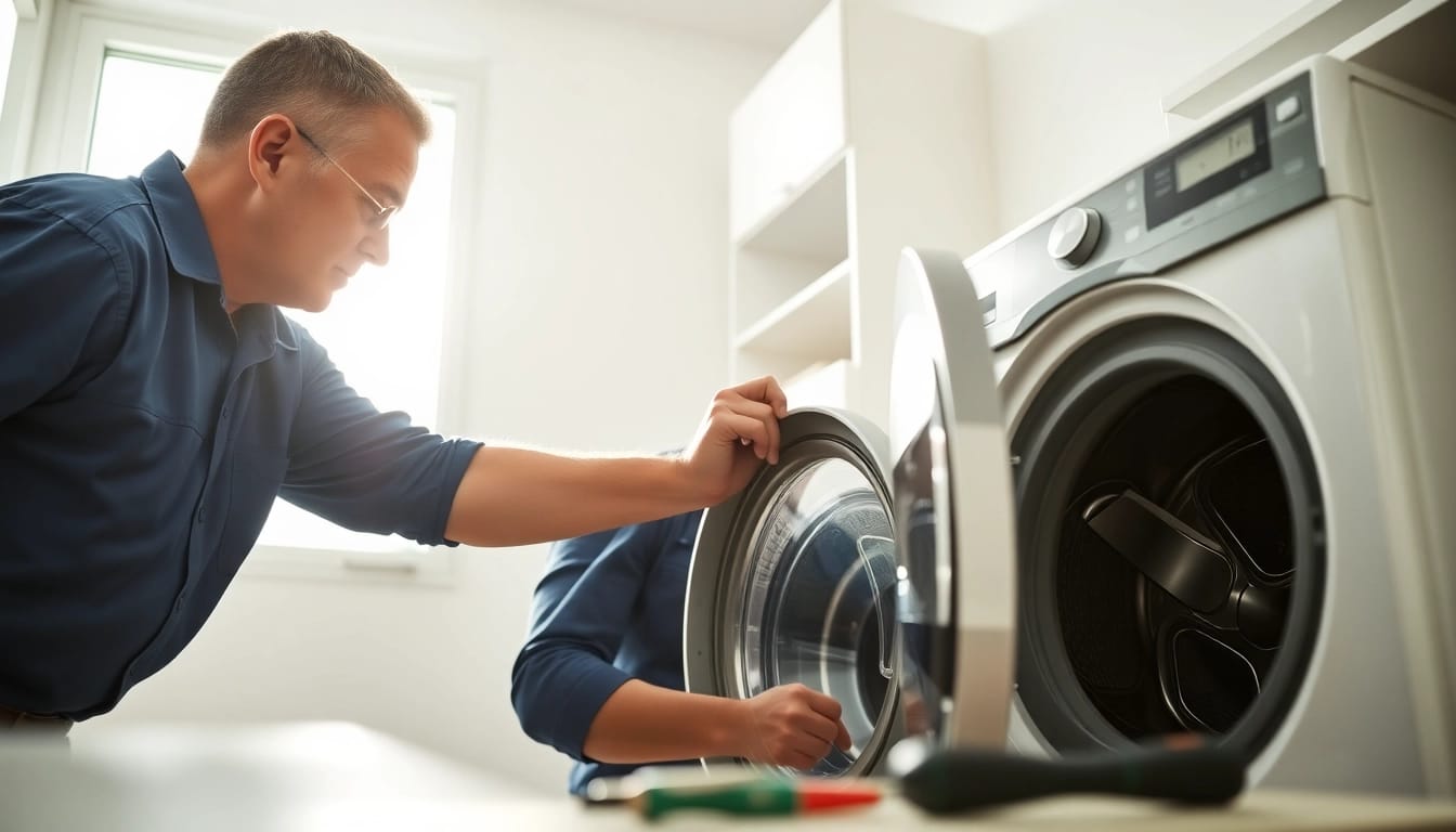 Expert Washer Repair technician fixing a washing machine's components in a bright laundry setting.