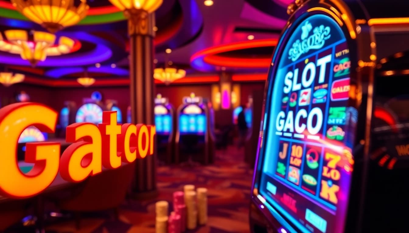 Pemain terlibat yang menantikan kemenangan di mesin Slot Gacor yang cerah di lingkungan kasino mewah.