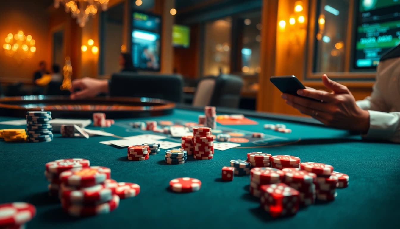Experience the excitement of แทงบอล with a luxurious poker table and vibrant casino elements.