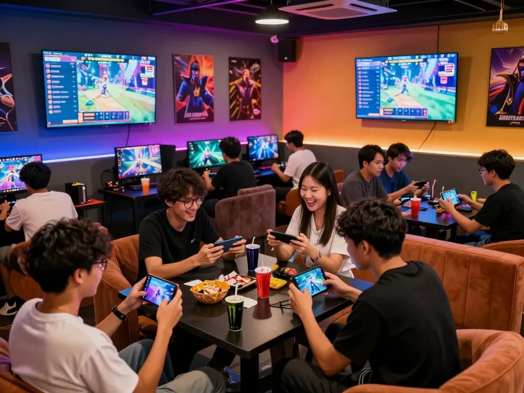 Dynamic mobile gaming lounge at AUTOWIN88 with players engaged in immersive games.