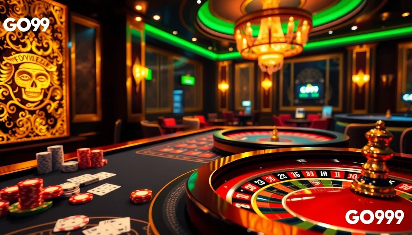 A vibrant casino scene showcasing GO99 with poker chips, playing cards, and a roulette wheel.