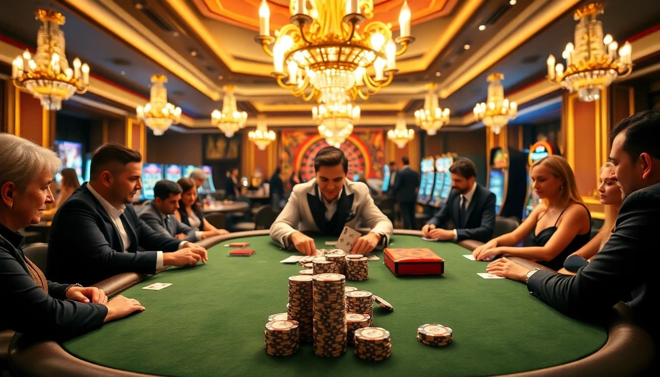 Tác giả RIKVIP inspires excitement at a luxury poker table in a vibrant casino.