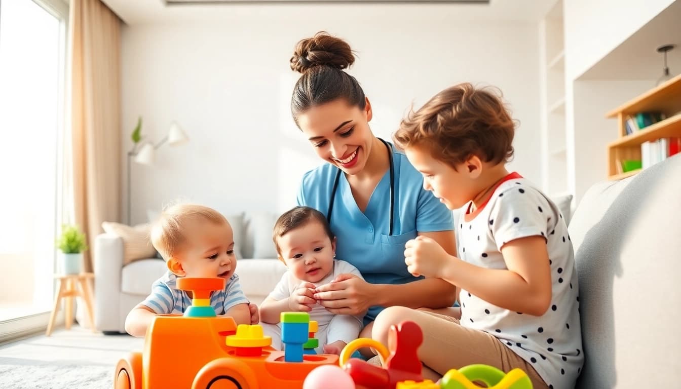 Hire a Nanny Dubai with a professional caregiver providing loving care in a bright apartment.