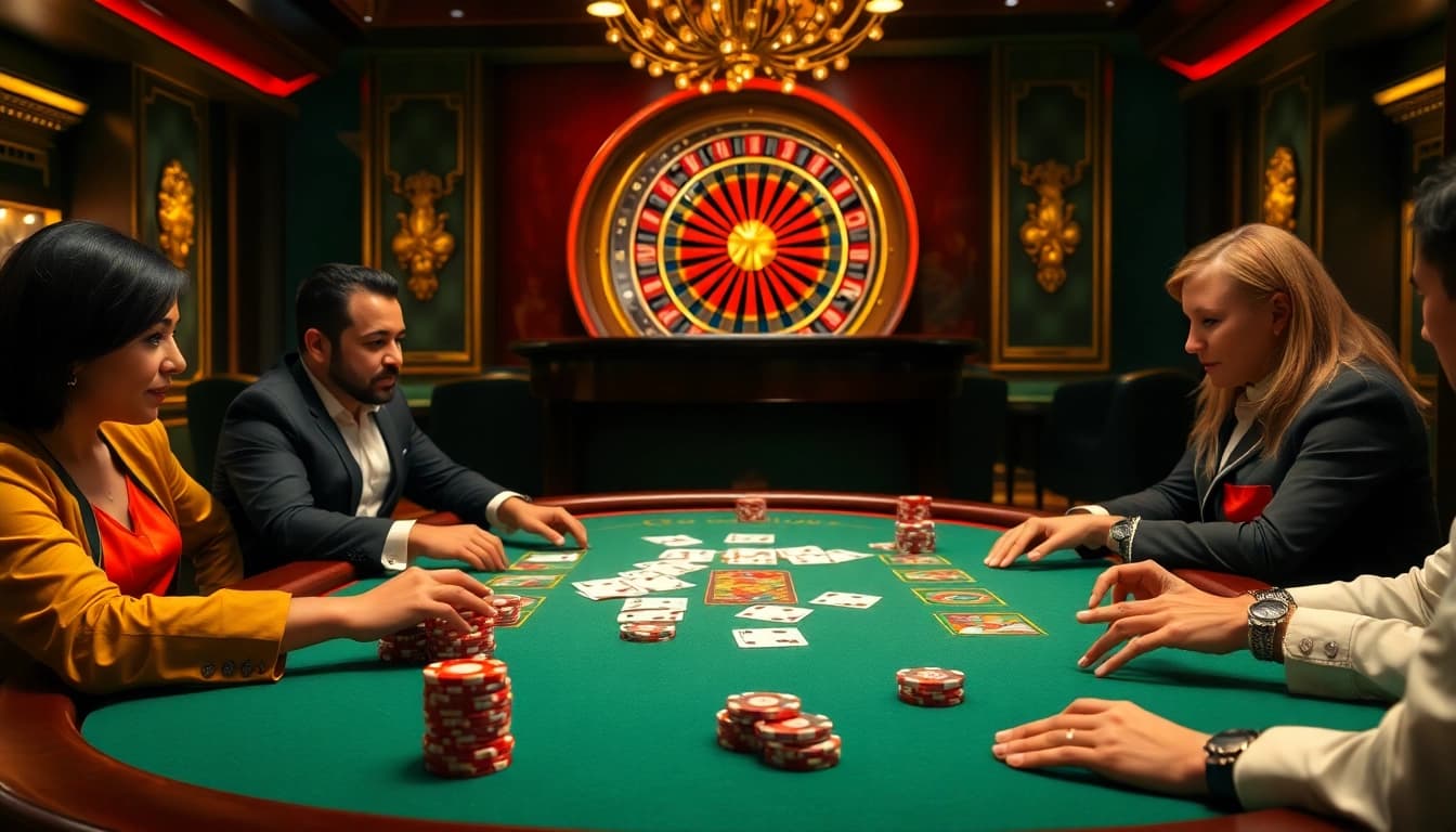 Engaging poker game scene showcasing players at https://uu88.casa/ with vibrant chips and cards.