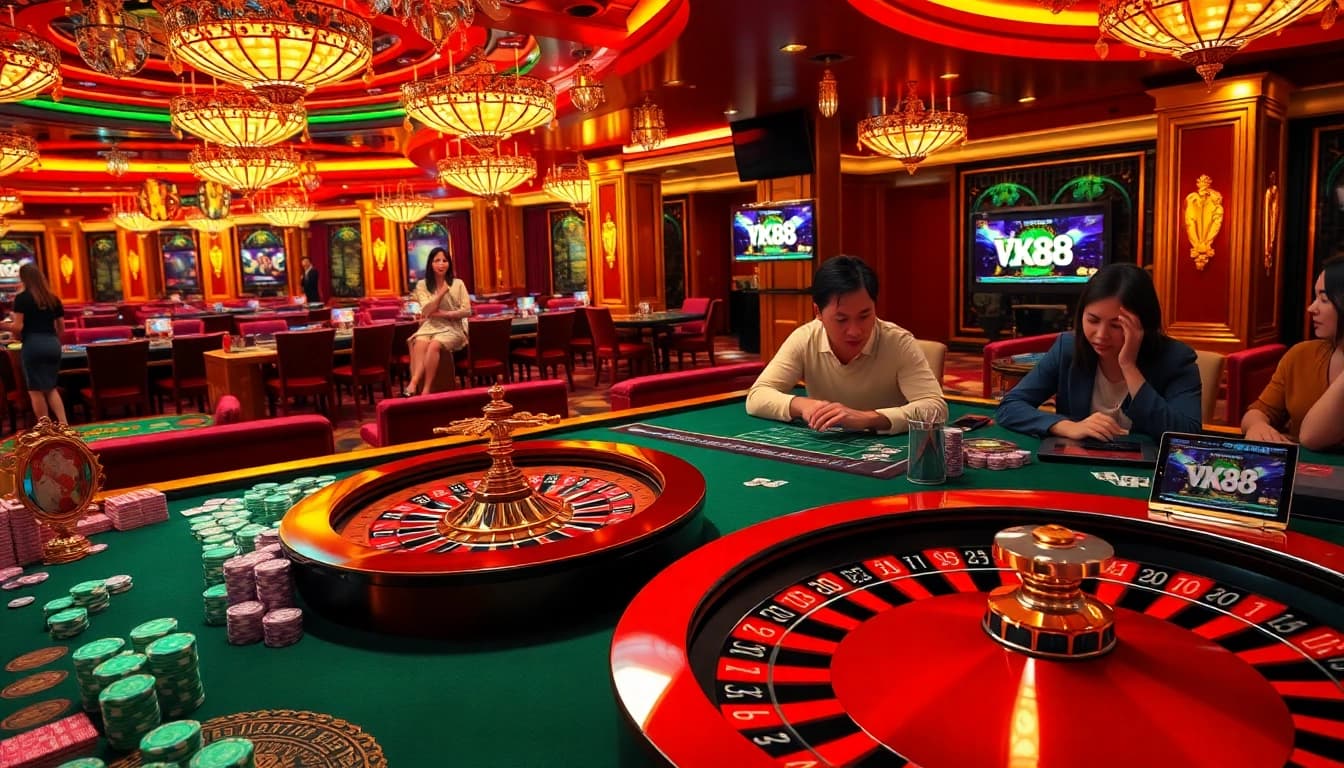 VK88 players enjoying a thrilling casino experience at vibrant tables with cards and chips.