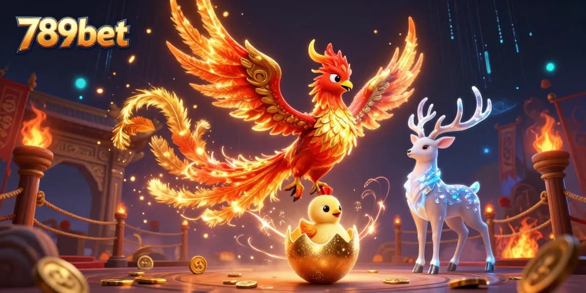 Engage in thrilling gameplay with 789bet, featuring a dynamic scene of a fire phoenix and mystical stag.