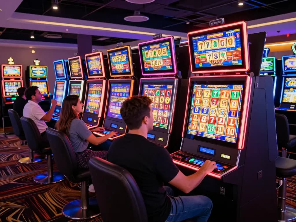 Players celebrating a win on slot777 machines amidst a lively casino atmosphere