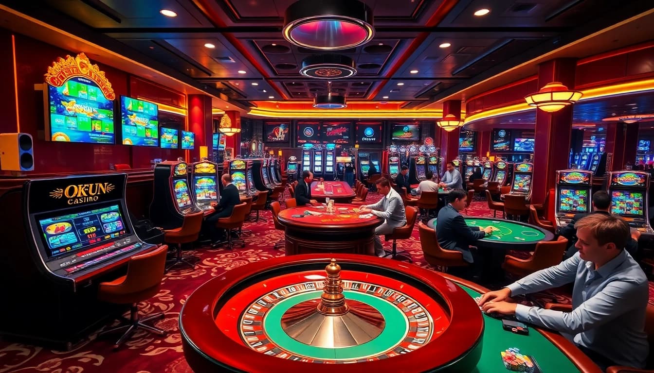 Experience excitement at OKFUN casino with vibrant slot machines, roulette, and engaging digital interfaces.